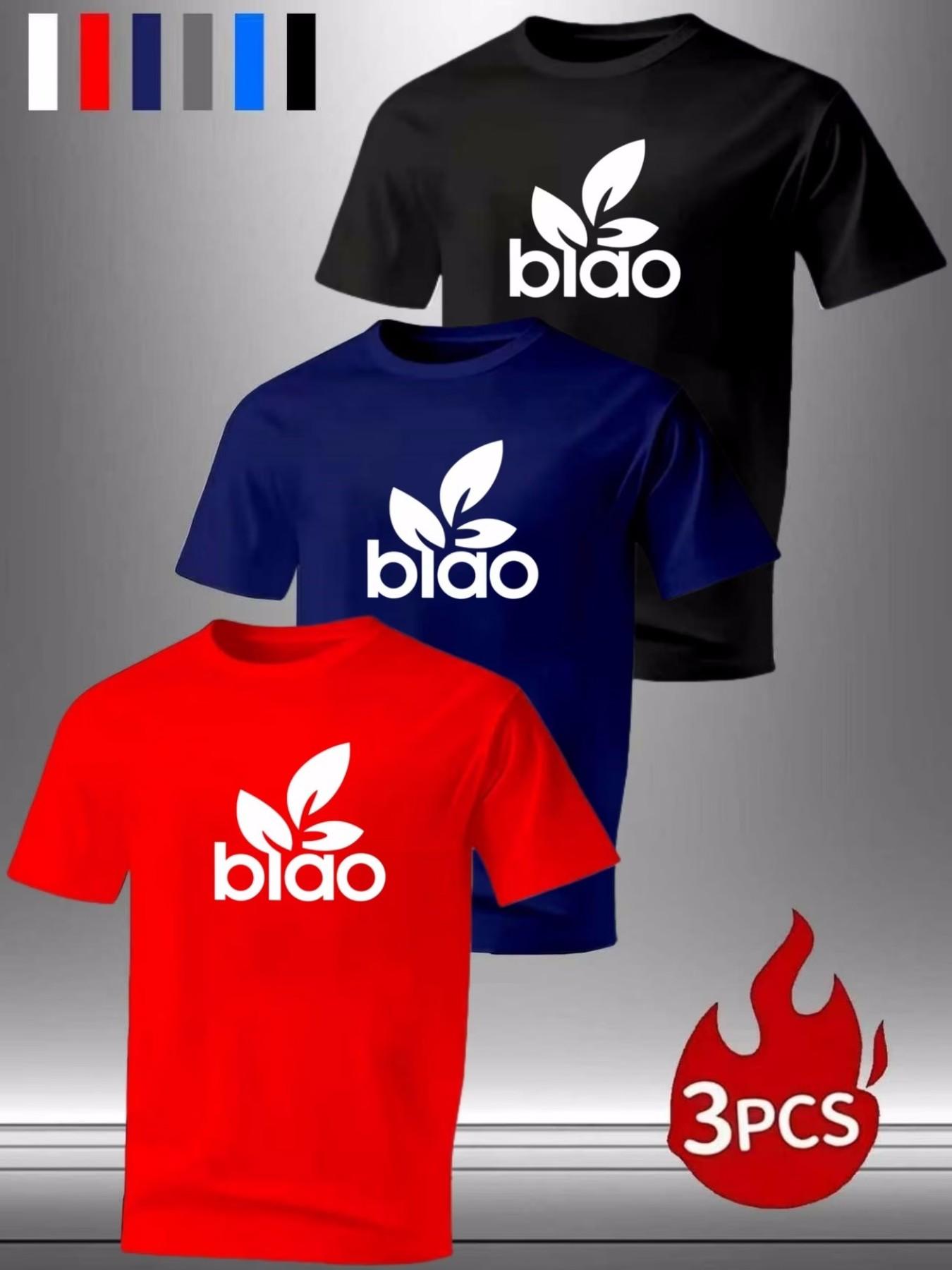 3-Pack Men's "biao" Leaf Logo Crewneck T-Shirts, Casual Short Sleeve Tops for Everyday & Streetwear