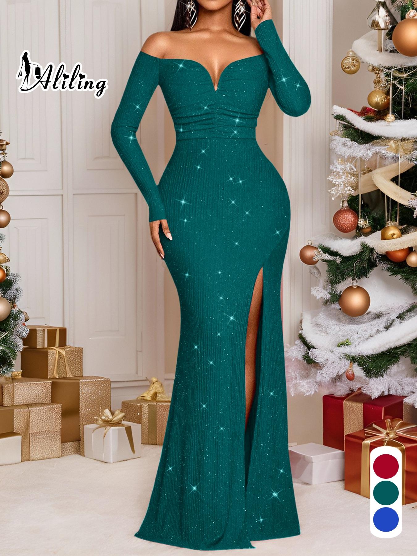 Aliling Christmas Dresses Women's Elegant Long Sleeve Ruffle Dress, Shoulder-Exposed Plain Design, Slim Fit Fall & Winter Fashion, Super Long A-Line Style