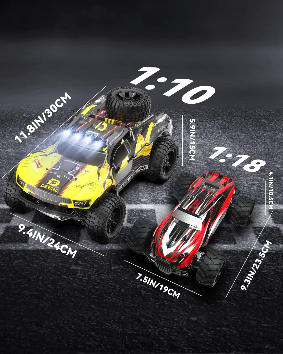 DEERC 9201E 1:10 Large Remote Control Truck with Lights, Fast Short Course RC Car, 48 km/h 4x4 Off-Road Hobby Grade Toy Monster Crawler Electric Vehicle with 2 Rechargeable Batteries