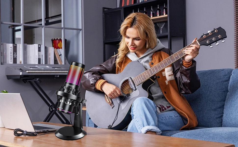 Hitozon USB Condenser Microphone for PC,PSP,Mac&Windows,RGB Gaming Microphone with Anti-Vibration Shock Mount,2 Polar Patterns,Pop Filter,Gain Control,Podcasts,Streaming,Plug&Play Noise Cancellation Condenser mic with Monitoring,Mute,Touch control