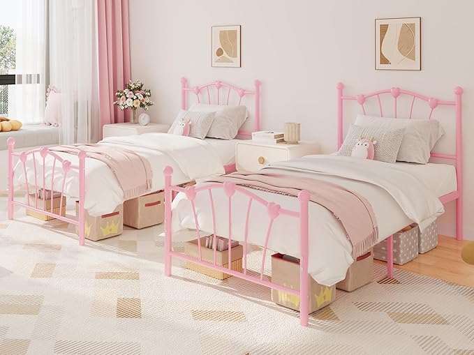 Twin Size Metal Platform Bed Frame Mattress Foundation with Iron-Art Sweat Heart Headboard & Footboard/Firm Support & Easy Set up Structure