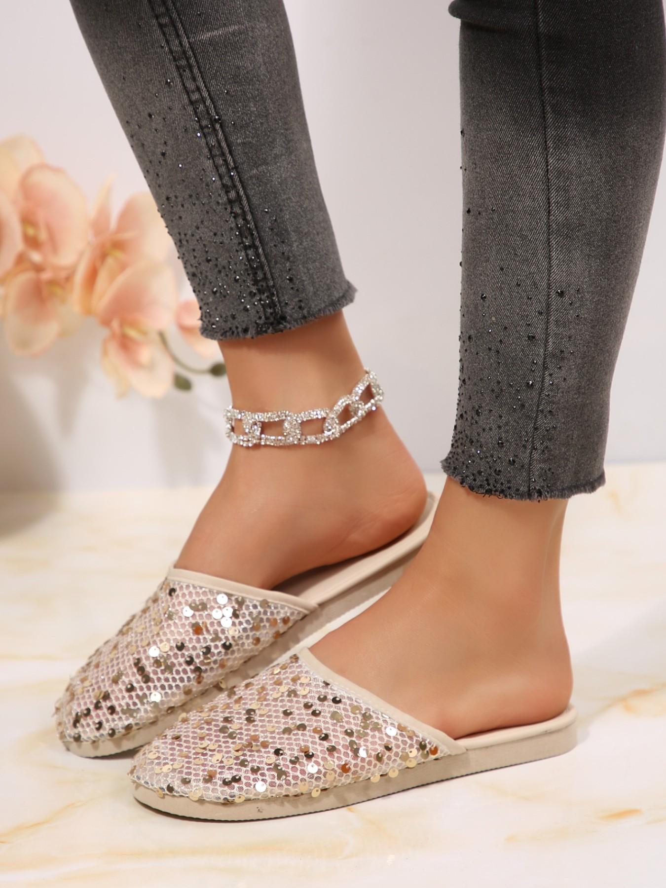 Women's Mesh Sequin Slip-On Sandals, Casual All-Season Footwear, Soft Sole Design, Perfect for Daily Wear & Vacation Style