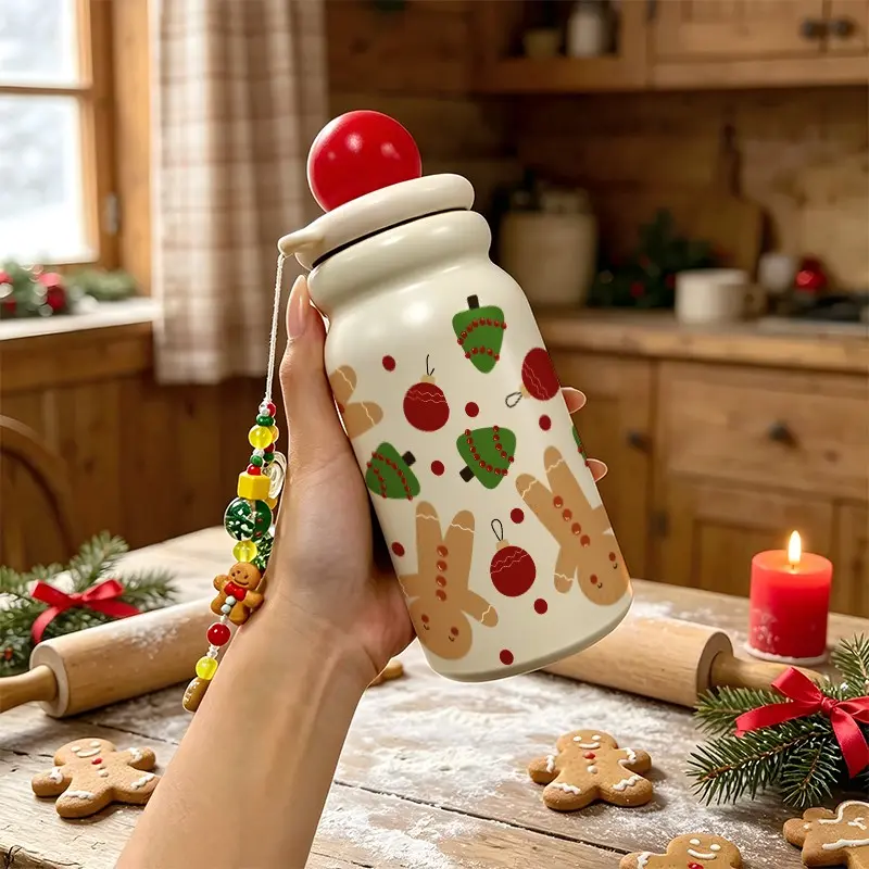 500ML Gingerbread Man Christmas Tree Travel Mug, Stainless Steel Insulated Cup with Straw, Leak-Proof, Perfect Holiday Gift