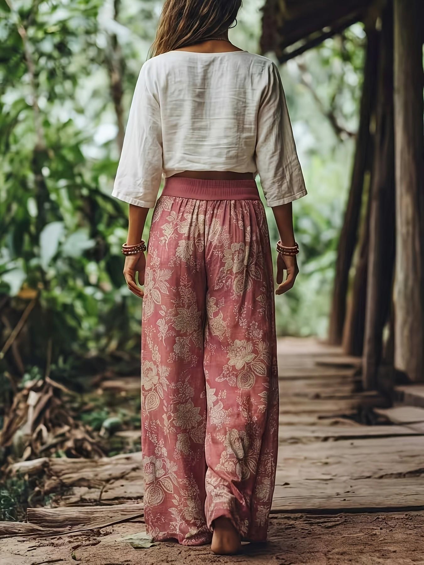 Women's Floral Print Casual Boho Bohemian Wide-Leg Loose Long Pants, Comfortable Breathable Elastic Fabric, Ideal for Vacation, Home and Daily Wear, Suitable for Spring, Summer and Fall