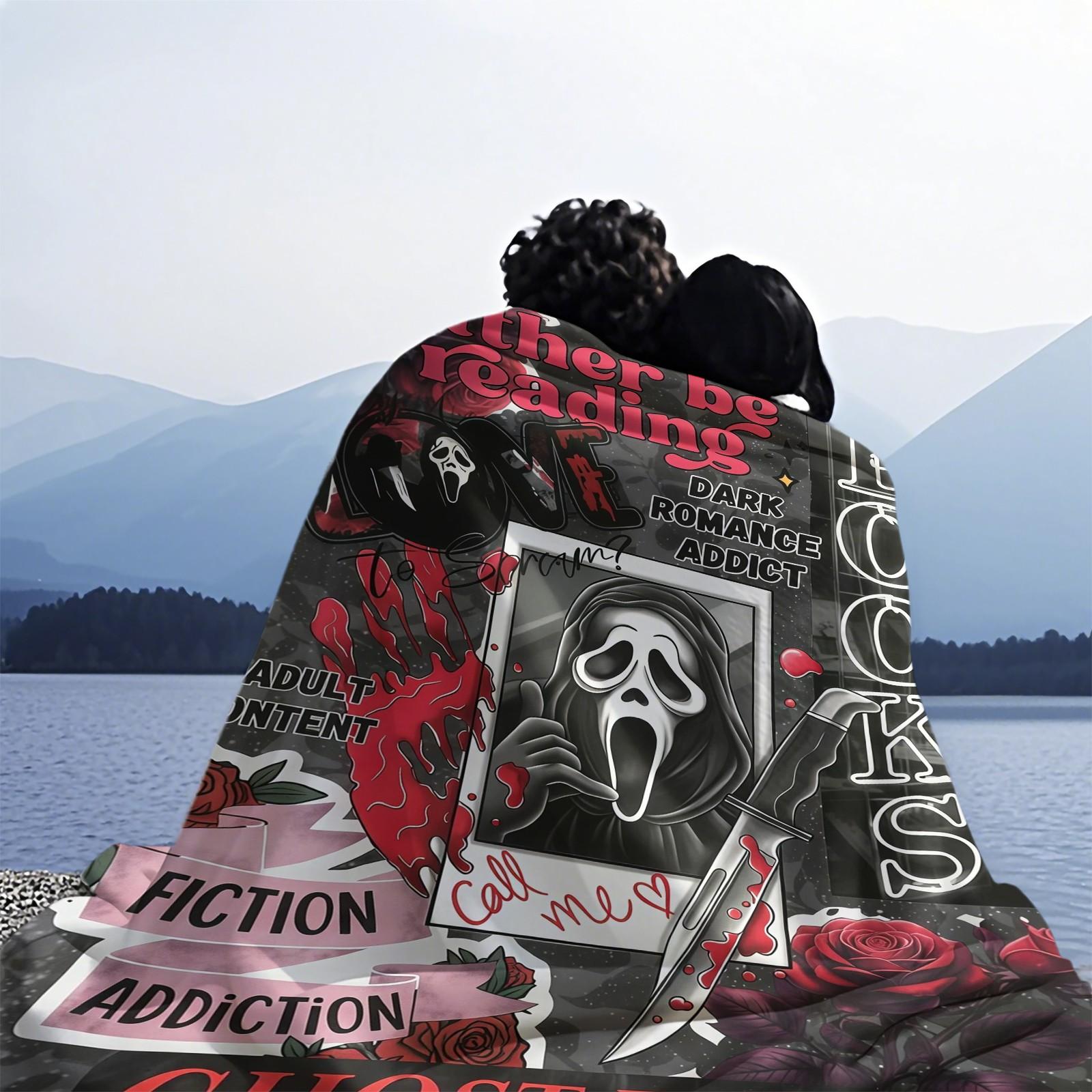 Scream Ghostface Dark Romance Addict Throw Blanket, Spooky Horror Movie Book Lover Blanket, Cozy Fleece Blanket for Halloween Bedroom Sofa Decor, Perfect Gift for Movie Fans & Bookworms