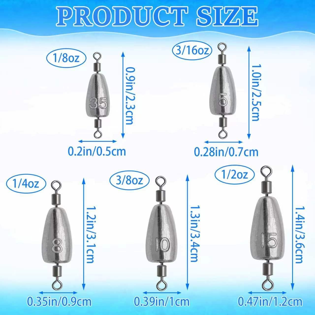 15 count Fishing Weights Sinkers Inline Trolling Fishing Weights | with Inner Swivels  Sinkers Fishing Weights for Saltwater Freshwater Fishing
