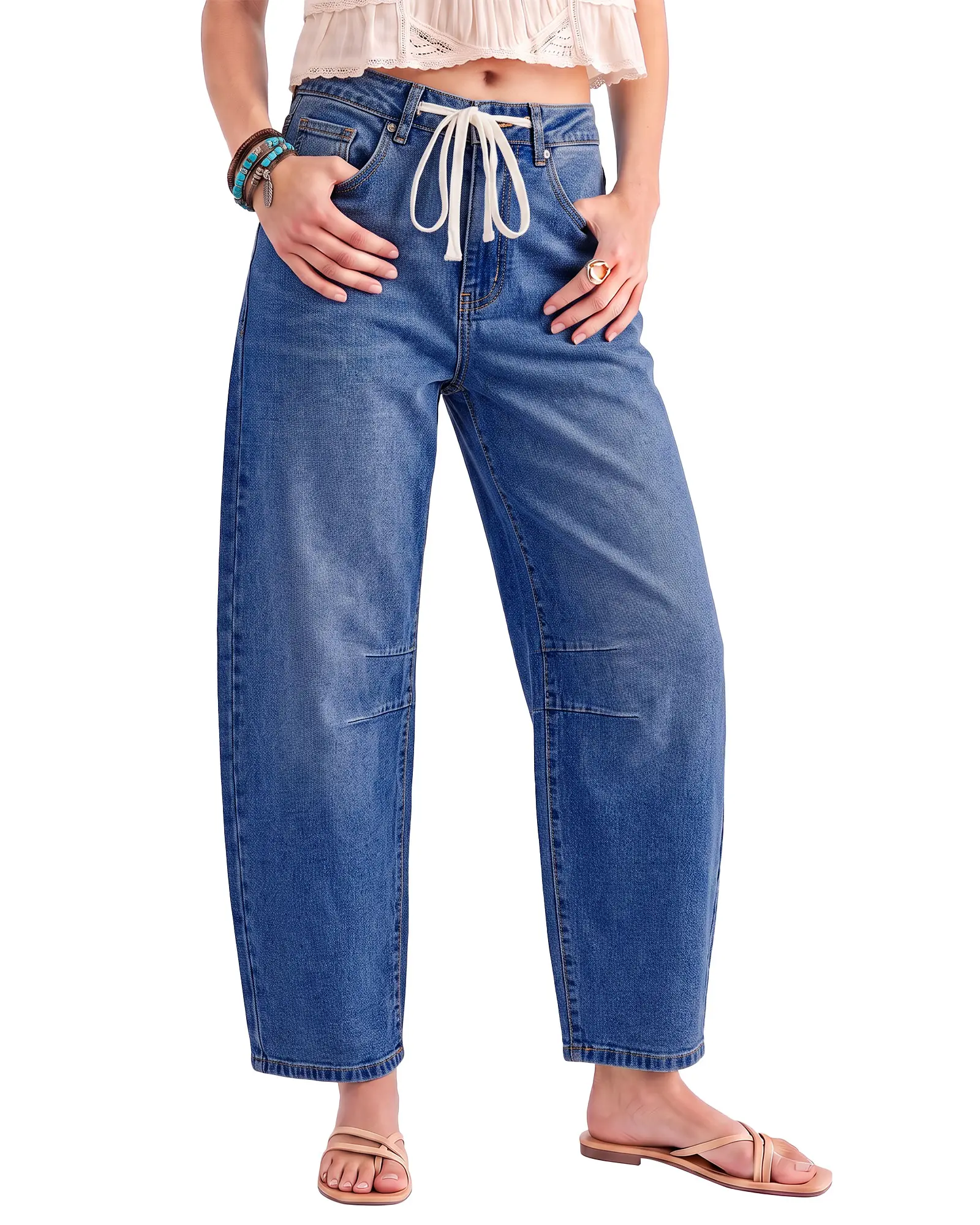 luvamia Barrel Jeans Women Trendy Baggy High Waisted Drawstring Denim Pants | Barrel Wide Leg Pants, 27.5" Inseam, Baggy Jeans, Stretchy, Ankle Length, Drawstring Adjustable Waist, Casual Denim Outfits