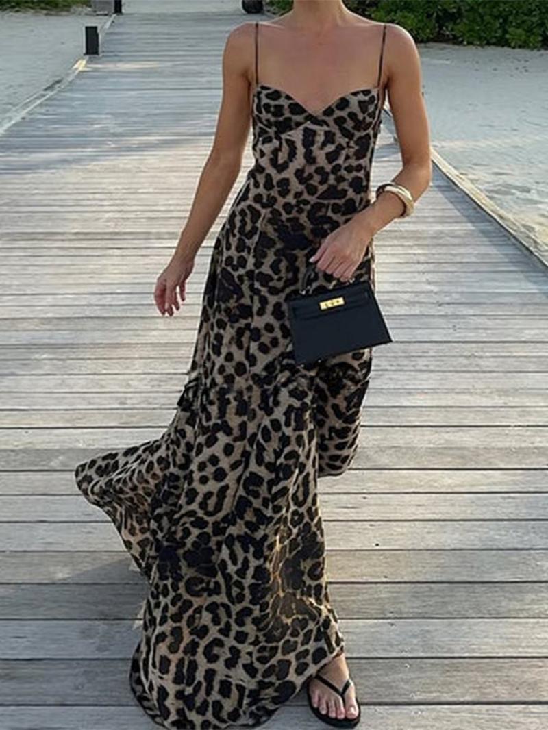 Women's Leopard Print Halter Neck Dress, Sleeveless Backless Design, Casual Summer Party, Elegant Women's Clothing