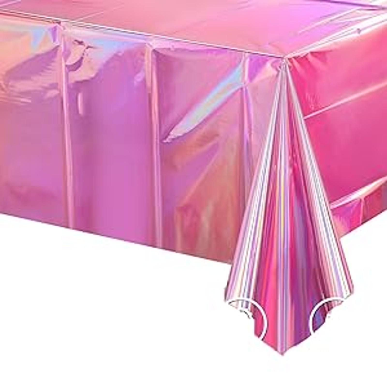 4 Pack Iridescent Pink Plastic Tablecloths, Shiny Disposable Laser Rectangle Table Covers, Holographic Foil Tablecloth Iridescent Party Decorations for Kpop Birthday Wedding Xmas, 54x108Inch