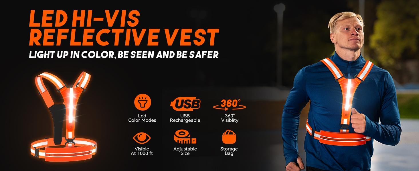 1pc Warning Reflective Safety Vest Electric Scooter Flashing Cycling Vest Can Storage Mobile Phones USB Rechargeable LED Vests for Nighttime Running Jogging Riding