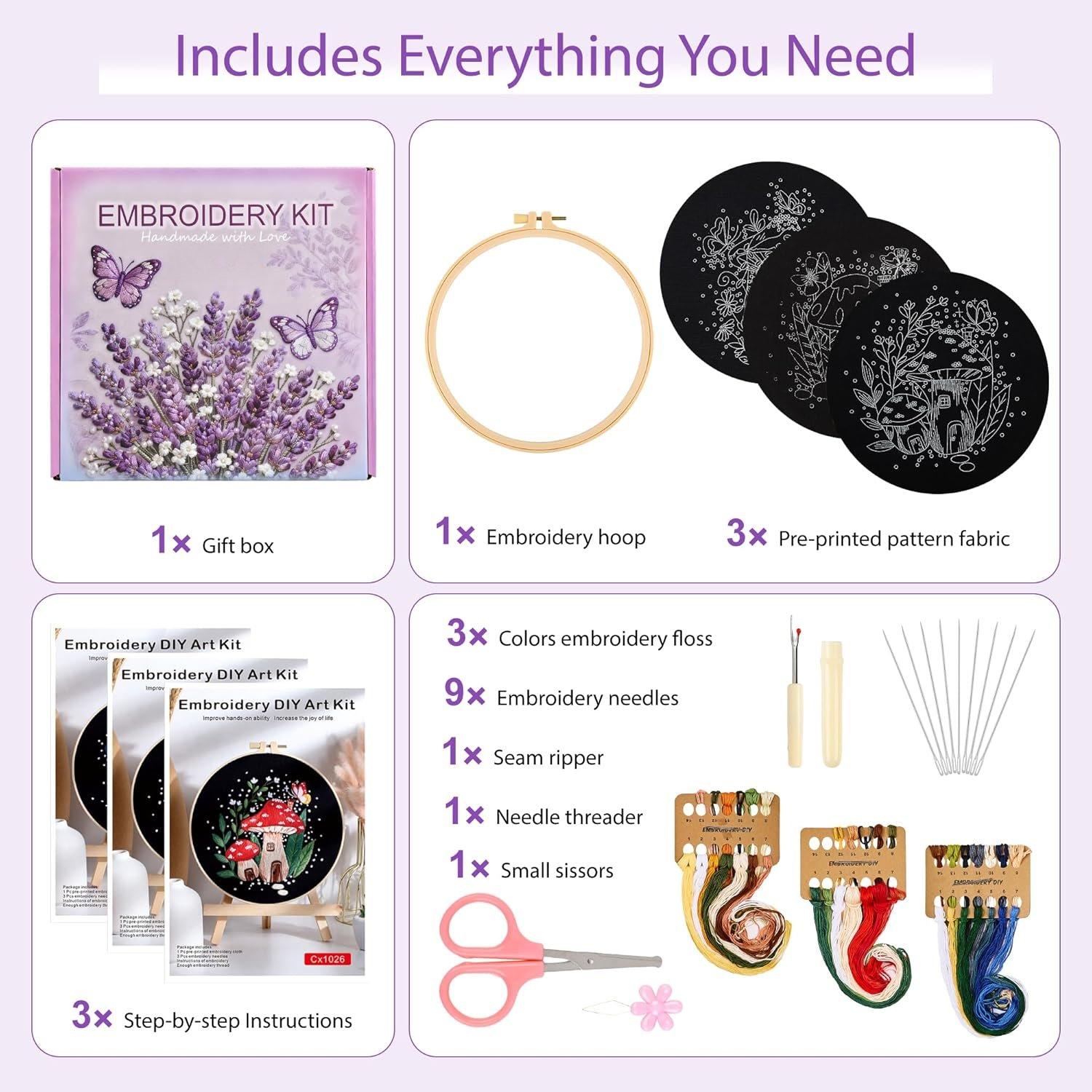 3 Sets Embroidery Kit for Adults Beginners, Needlepoint Kits  Stitch, Hand Embroidery Starter Kit with Mushroom Stamped Patterns, Hoop, Tools, Colorful Threads with , Instructions