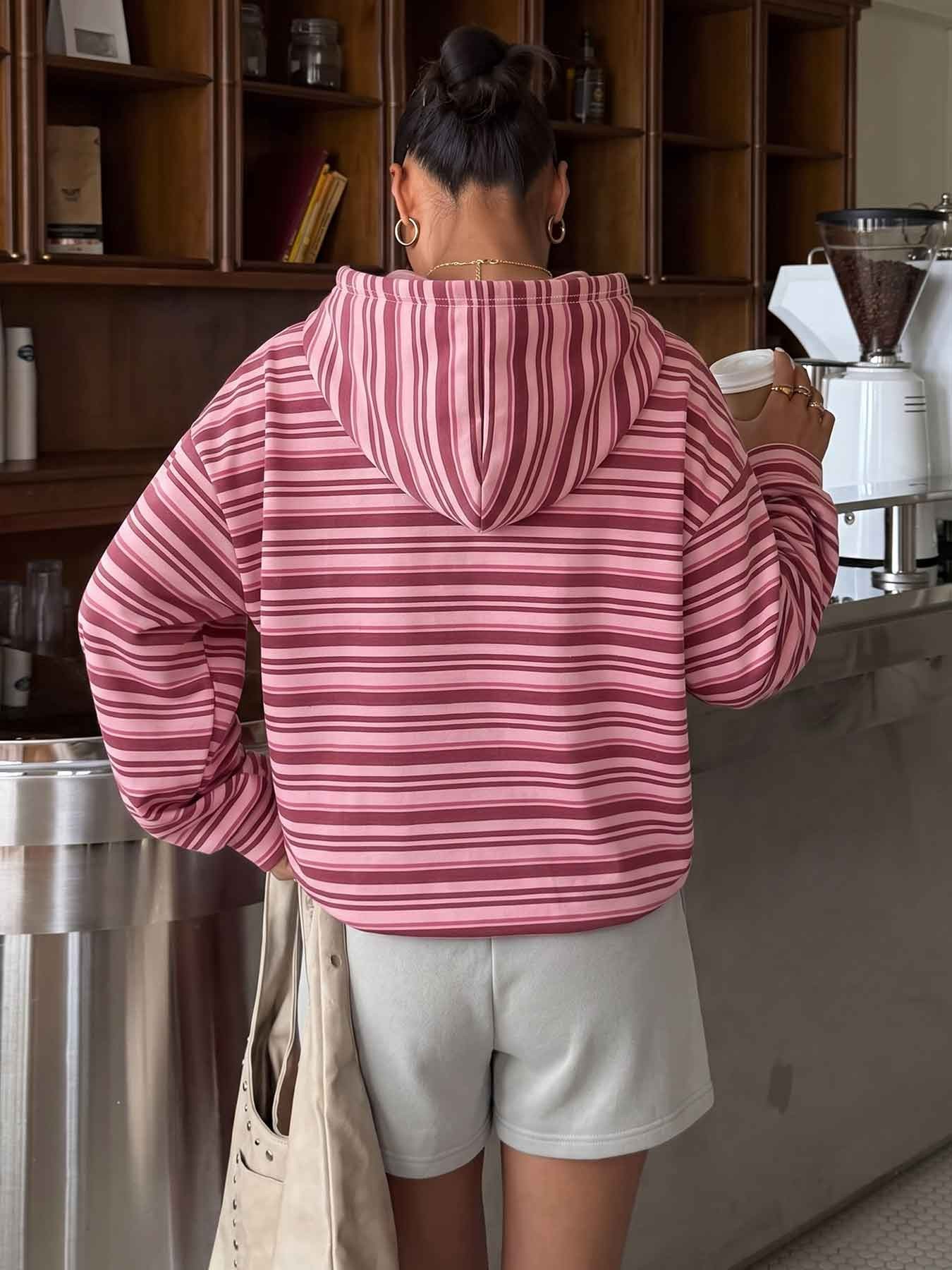 Striped Oversized Hoodie for Women, Fashion, Y2K Retro Pink Burgundy Stripe Pullover Hooded Top, Loose Fit Long Sleeve Casual Streetwear, for Daily Wear, Lounge, Casual Outing #springsaledeals2026 #summeroutfits #tiktokshopmademebuyit #womensstreetstyle
