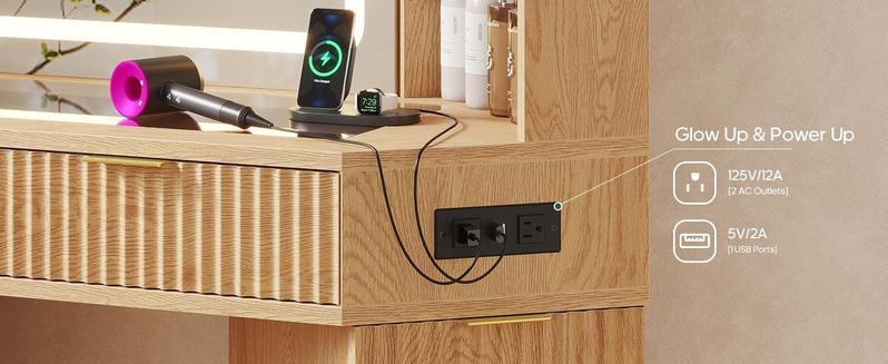 Sikaic Makeup Vanity with Sound Sync LED Lights and Glass Top Luxury Fluted Wooden Corner Vanity Desk with Mirror, Power Outlet, Shelves, Drawers and Cabinets Sikaic Makeup Vanity with Sound Sync LED Lights and Glass Top Luxury Fluted Wooden Corner Vanity Desk with Mirror, Power Outlet, Shelves, Drawers and Cabinets