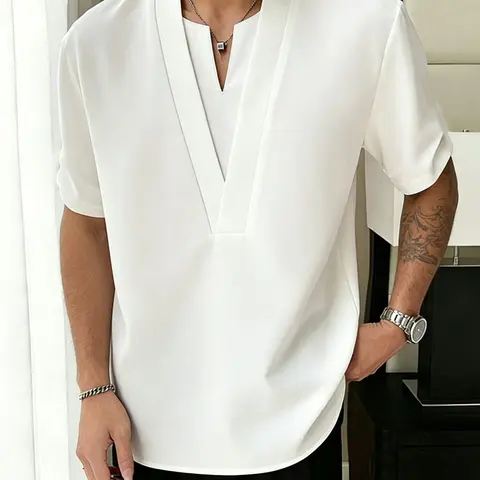 Men's V-Neck Short Sleeve Shirt, Casual Loose Fit Solid Top, Fashion Streetwear Style Summer T-Shirt for Daily Wear, Comfortable and Stylish, Casual Fashion Clothing, Casual Style Tee, Menswear