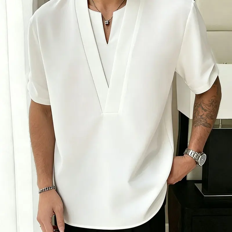 Men's V-Neck Short Sleeve Shirt, Casual Loose Fit Solid Top, Fashion Streetwear Style Summer T-Shirt for Daily Wear, Comfortable and Stylish, Casual Fashion Clothing, Casual Style Tee, Menswear