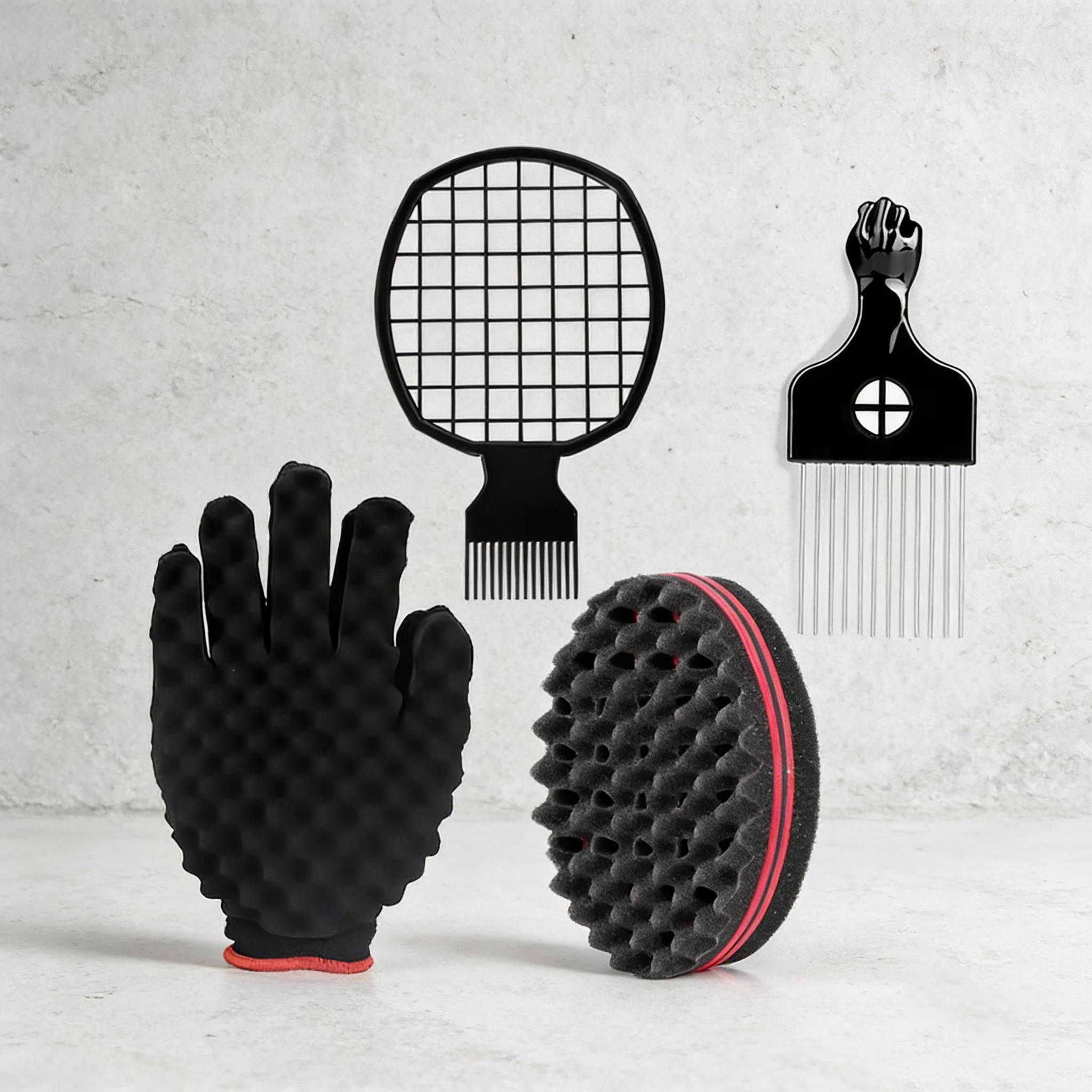 4-Piece Hair Styling Tool Set, Styling Kit, Heatless Styling, Includes Sponge Curl Brush, Perm Grid Comb, Sponge Gloves, Steel Needle Curling Comb, Braiding Tools for Salons