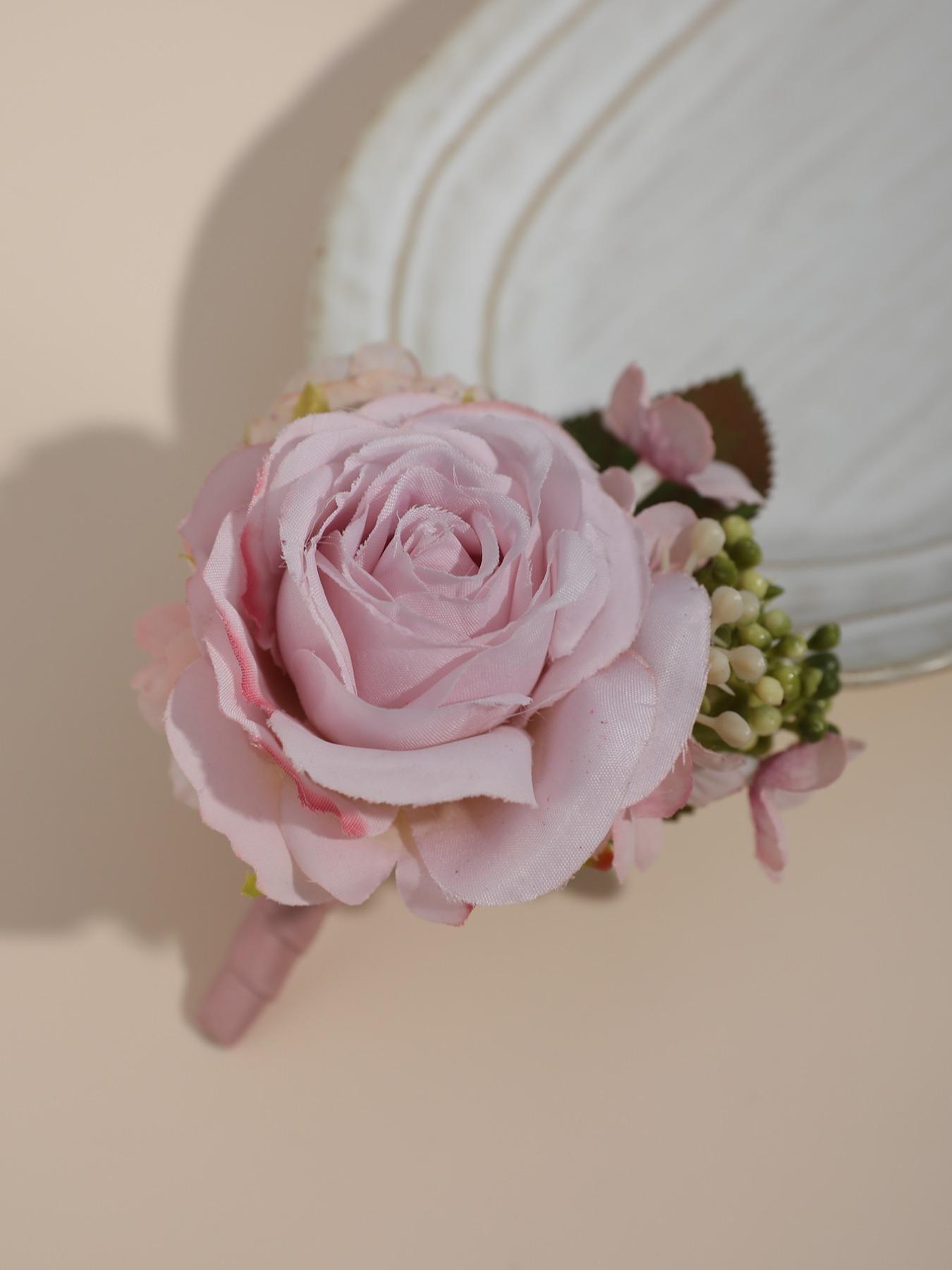 Artificial Rose Wedding Corsage with Leaves, Handmade Flower Brooch for Groom Bride Bridesmaid, Elegant Prom Party Hair Accessory