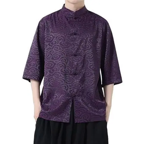 Men's Short Sleeve Tang Suit Shirt Chinese Traditional Ice Silk Shirts Casual for Men Kung Fu Shirt