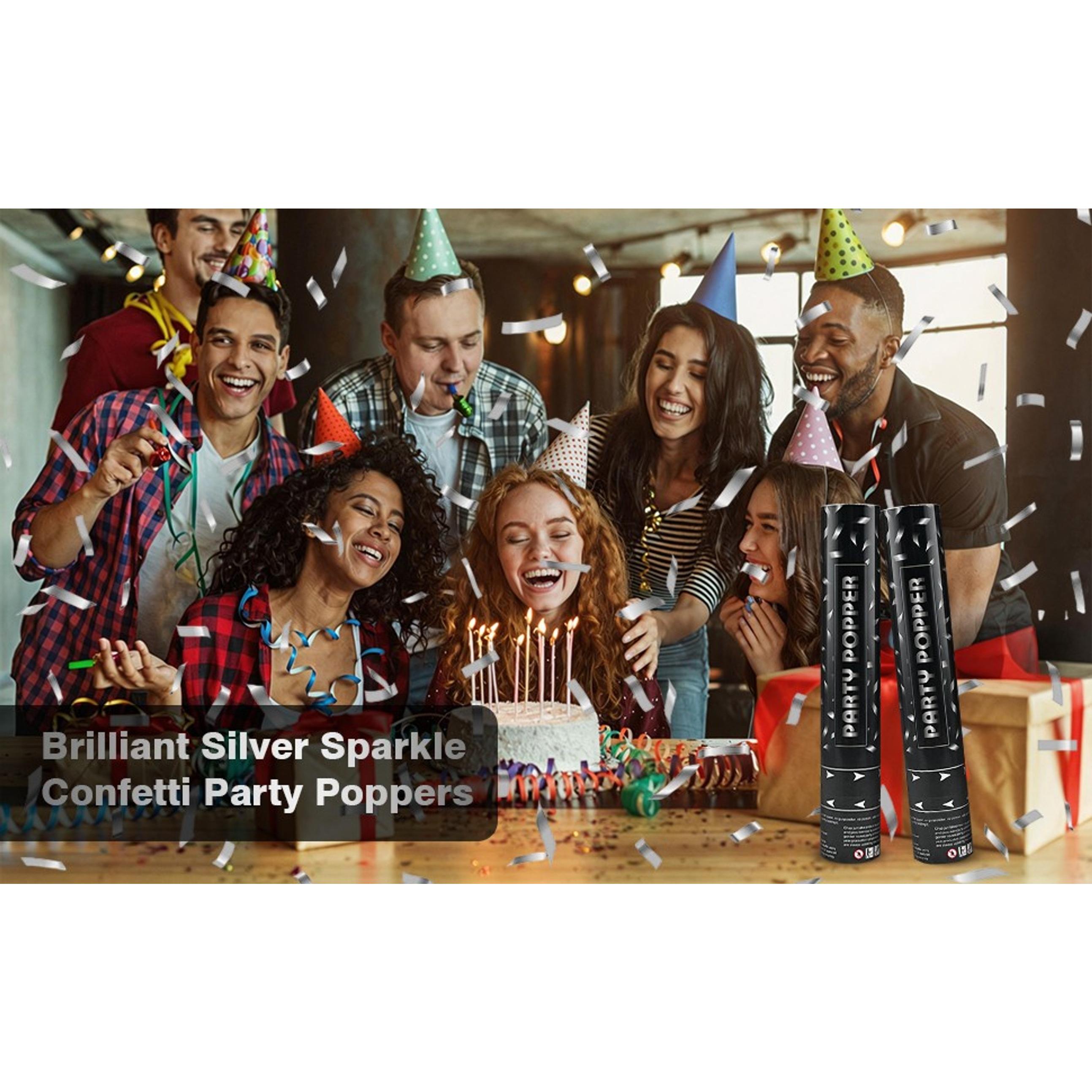 Silver Confetti Poppers 12 Inch Party Cannon 2 Pack Foil Confetti for Wedding Birthday Graduation New Year’s Eve Decorations & Photo Props