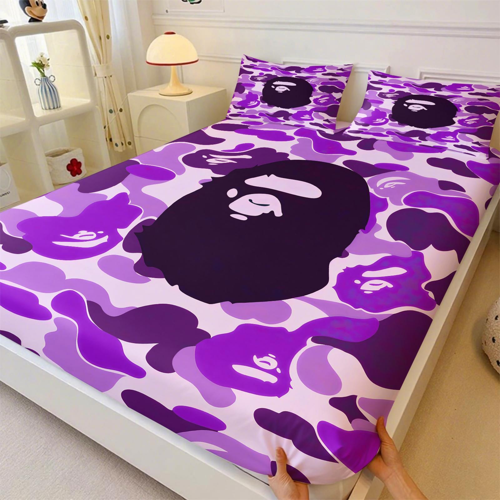 Black-White Camouflage Fitted Sheet Set & 2 Pillowcases No Core, Low-Saturation Camo & Iconic Ape Head Logo, Soft Anti-Slip Wrinkle Resistant, Industrial Hip Hop Style Bedroom Decor, Gift for Fans