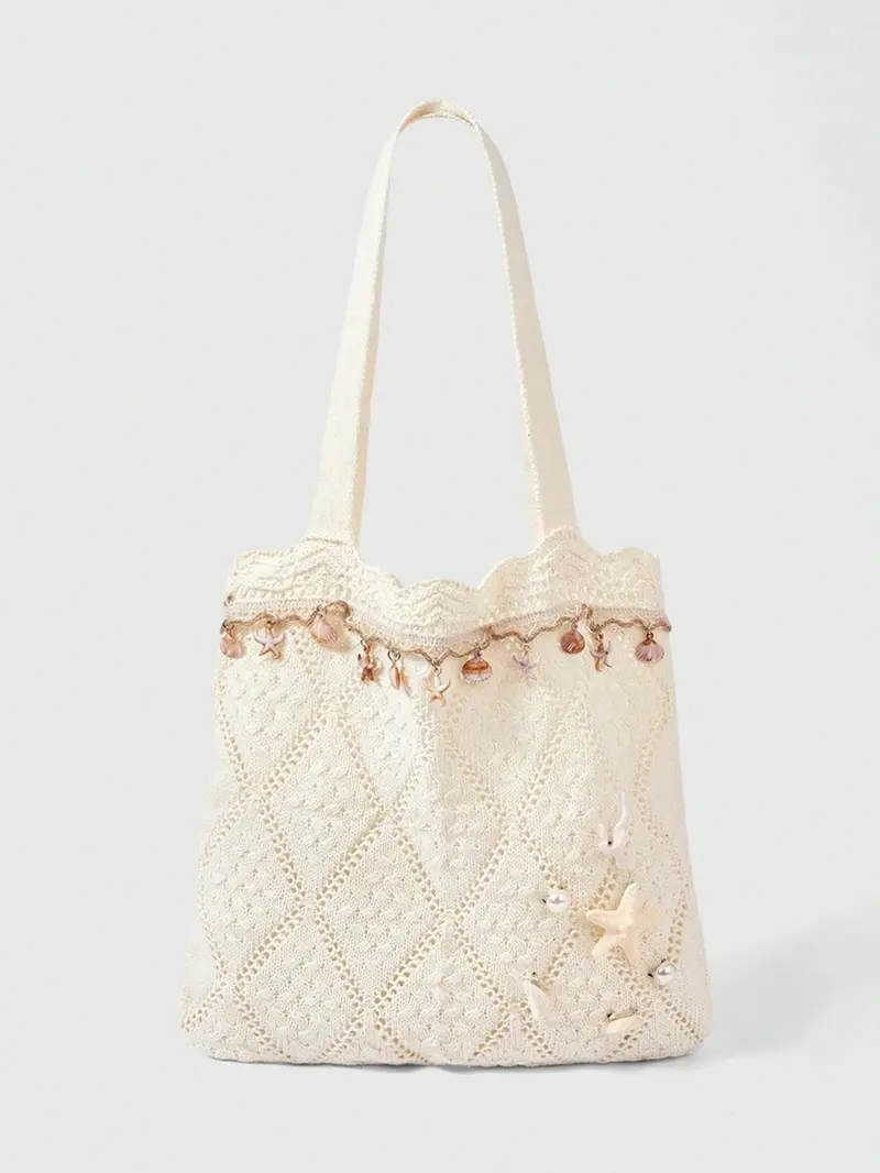 Fall Winter Vacation Starfish Shell Crochet Beach Bag, Woven Sand Satchel with Accessories, Fashionable Casual Lady Handbag Set, Fashionable Patterned Bag, Fashion Bags