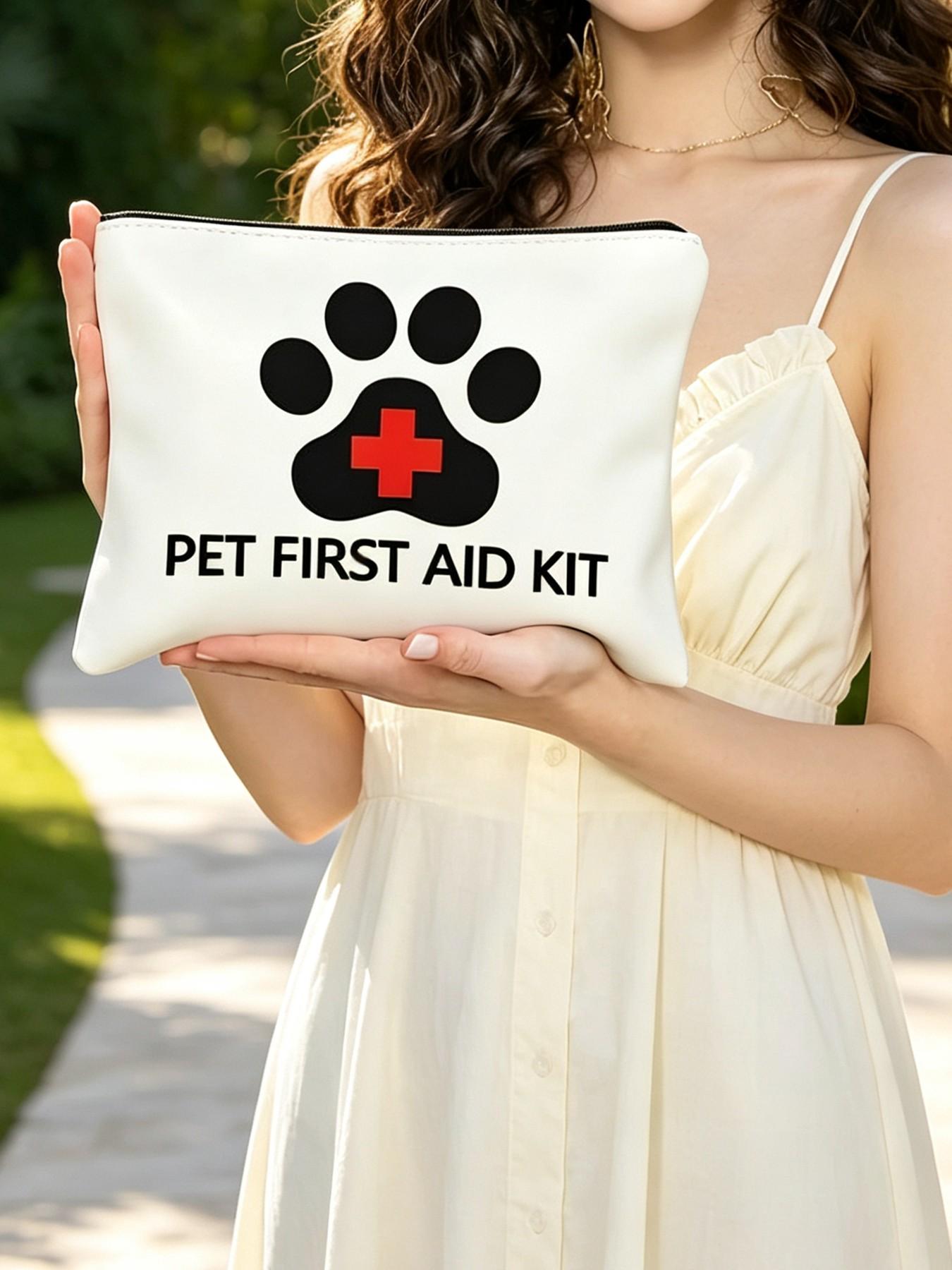 Pet First Aid Kit Bag, Paw Print Cross Makeup Pouch, Portable Zipper Emergency Bag, Essential for Cat Dog Owners, Pet Travel Must-Have
