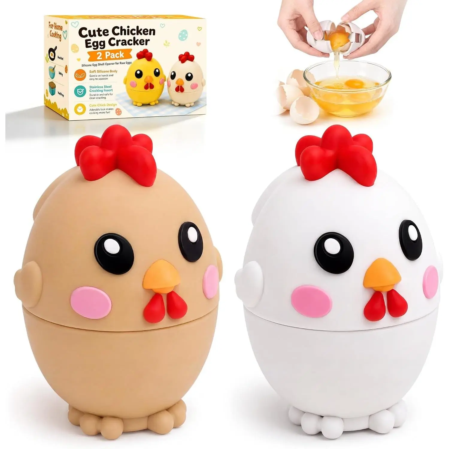 2 Pack Cute Chicken Silicone Egg Cracker, Stainless Steel Egg Shell Opener for Raw Eggs, No Mess Kitchen Cracking Tool for Breakfast Baking Cooking, Brown White