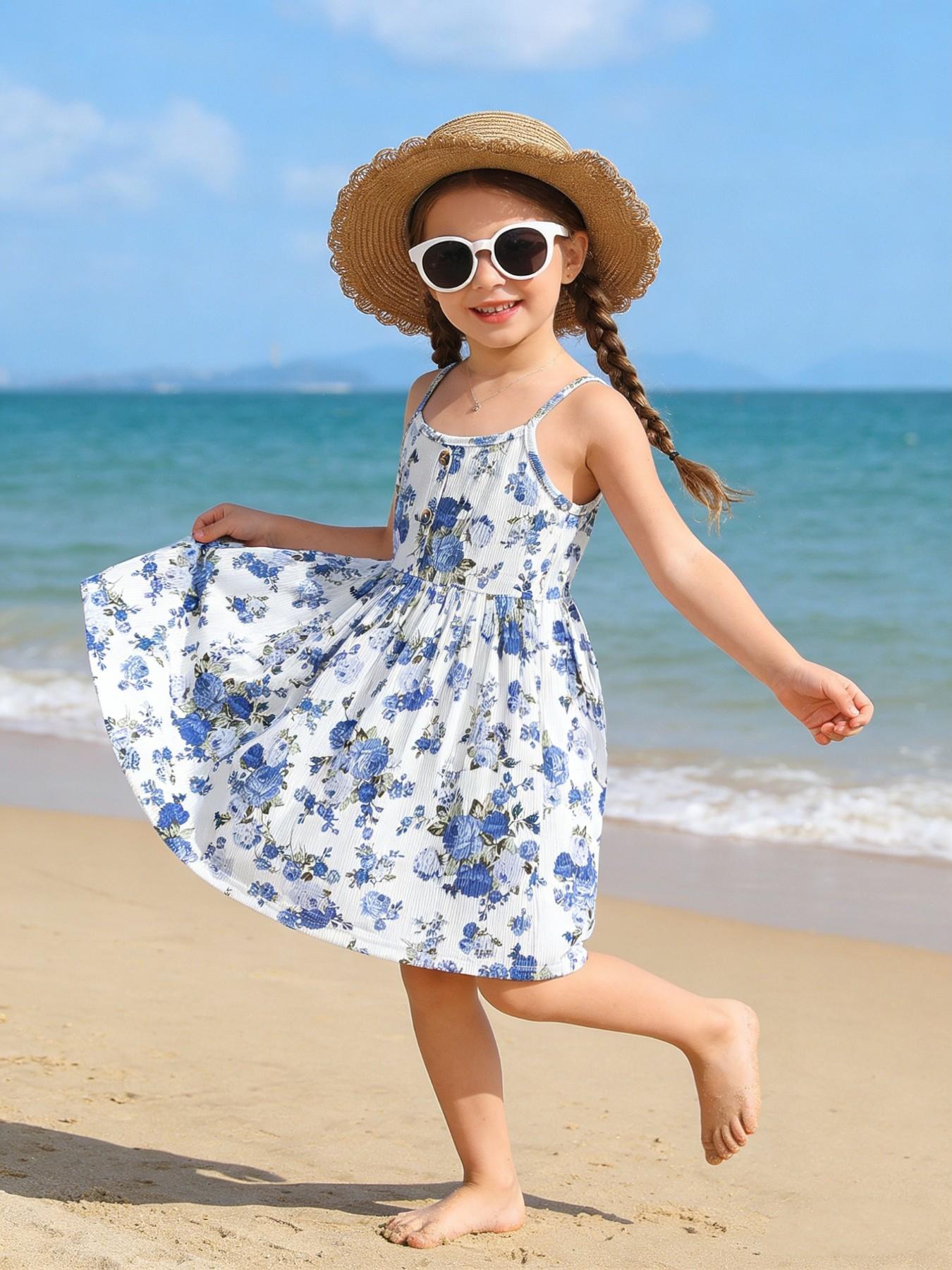 Adorable Floral Print Halter Dress for Girls, Breathable Sleeveless Sun Dress, Casual Vacation Wear, Perfect for Beach and Garden
