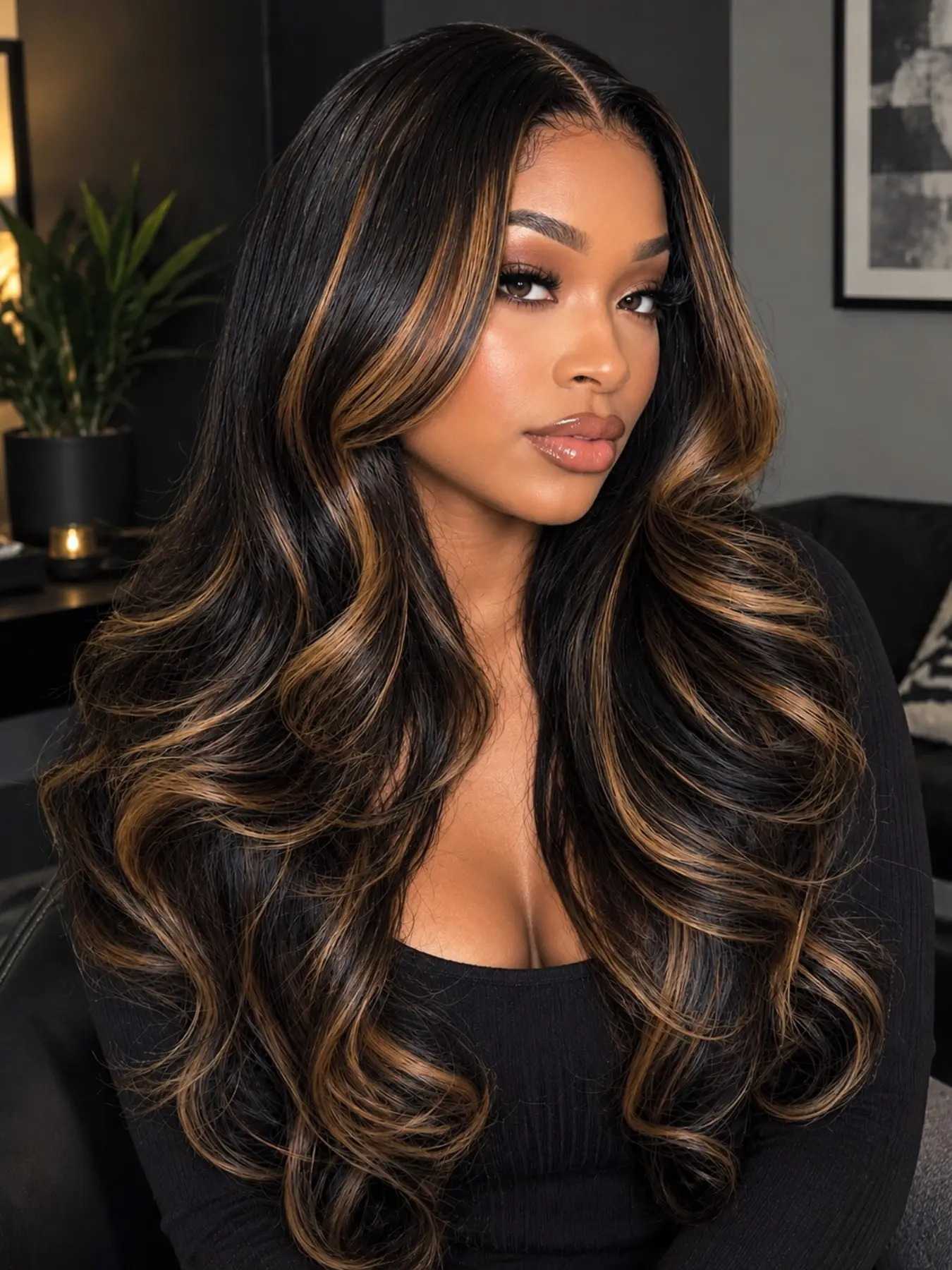 26 Inch Black and Brown Highlights Body Wavy Lace Front Wig Heat Resistant Synthetic Hair Glueless Natural Hairline for Daily Wear & Parties Deep Wavy Wigs