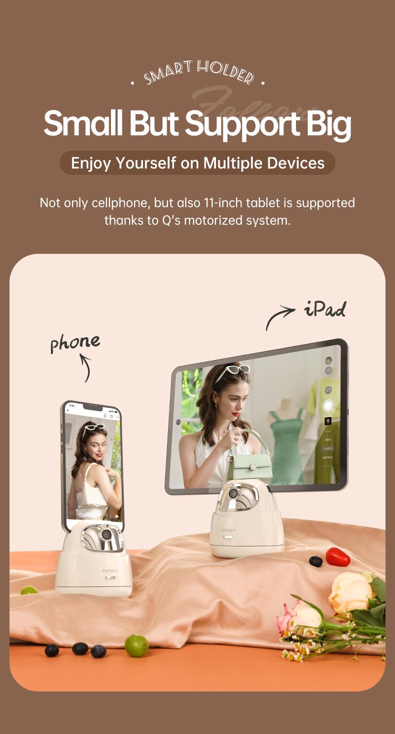 Hohem GO Auto Face Tracking Phone Holder, Auto Face Tracking Tripod for iPad &Tablet,360° and 30° Rotation 2-Axis AI Auto Tracking Tablet & Phone Holder with Gesture Control for Live Streaming Vlog Video Recording, Suitable for Android & iPhone 17 series