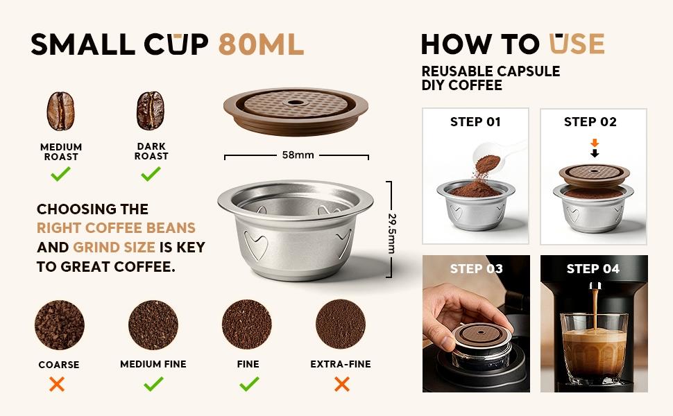 Reusable Capsule for Nespresso Vertuo Plus/next/pop, Delonghi Env135/env150, Stainless Steel, Refillable, Includes Silicone Lid