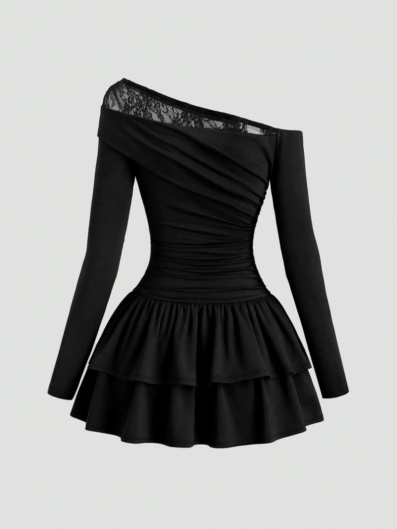 Women's French Vintage Lace Patchwork Off-Shoulder Ruched Waist Double Layer Cake Skirt Elegant Long Sleeve Dress