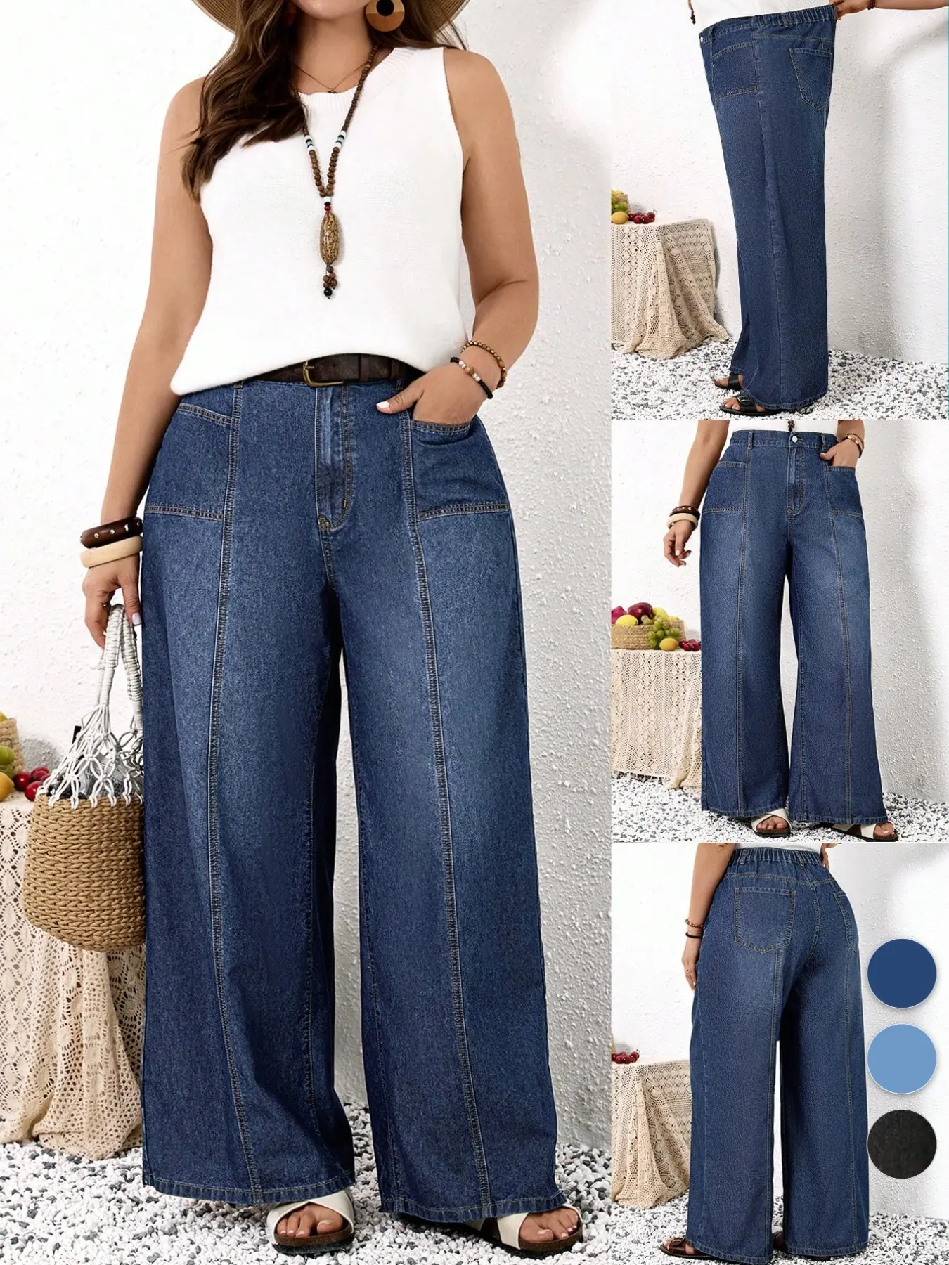 Plus Size Wide Leg Jeans, High Waist Elastic Back Jean with Pockets, Loose Fit Daily Casual Wear, All Seasons Patchwork Design