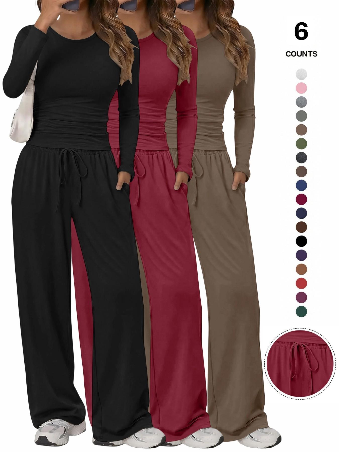 Women's Solid Ruched Drawstring Loungewear Set, Casual Long Sleeve Round Neck Top & Pocket Wide Leg Trousers, Ladies Sleepwear for All Seasons