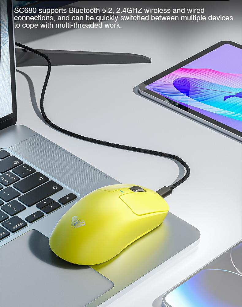 AULA SC680 Wireless Gaming Mouse, Tri-Mode 2.4G/BT5.0/USB-C Gaming Mouse, 10000 DPI Rechargeable Wireless Mouse, Gaming Mouse with 6 Programmable Buttons and Summer Anti-Slip Stickers, Office Desktop Laptop Accessories Ergonomic Mechanical Keyboard