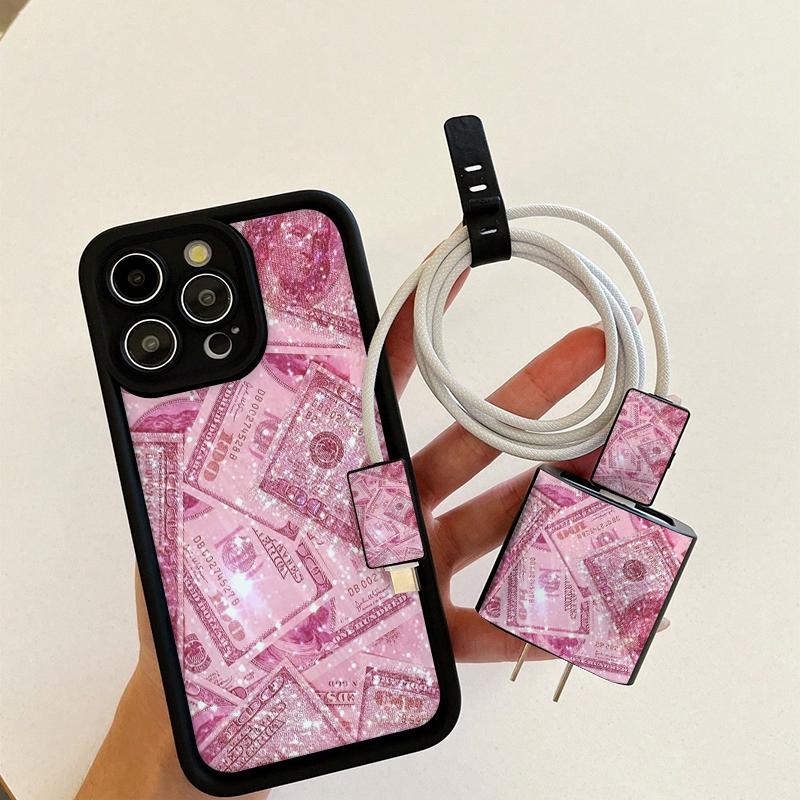 Pink Money Pattern Phone Case with Charger Head Cover & Cable Protector & Storage Rope, Anti-drop Cellphone Protective Case, Total Protective Phone Cases for iPhone, Casing