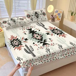 NO COMFORTER Multiple Size Southwestern Cactus Aztec Fitted Sheet Set, Elastic Deep Pocket, Stretchy Breathable, Machine Washable, All Season Use, Rustic Western Boho Bedroom Decor