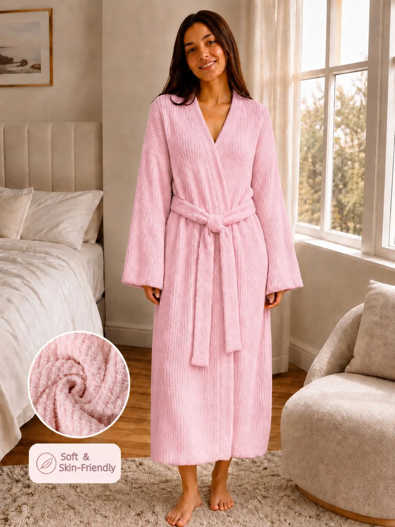[COZY Soft Plush Feel] Women’s Thickened Thermal Lined Bathrobe | Solid Color V Neck Drop Shoulder Long Sleeve Robe with Pockets & Belt | Loose Warm Dressing Gown, Soft Comfortable Winter Sleepwear & Loungewear