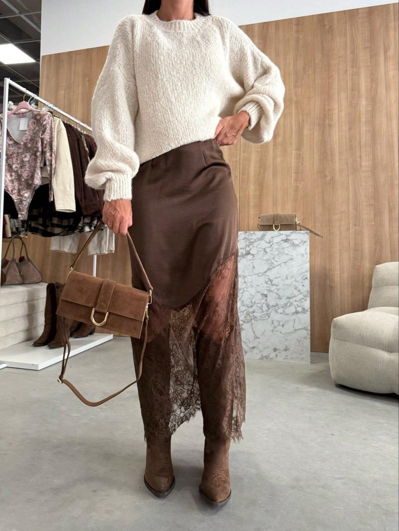 Women's Summer Spring Satin Lace Patchwork High-Waisted Skirt, Elegant Long Plain Design, Slim-Fitting Natural Waist Dress