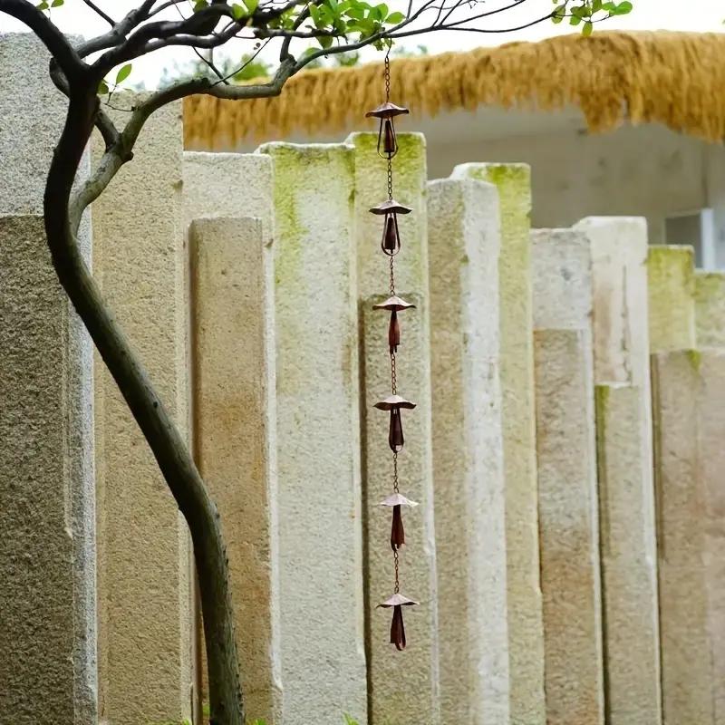 Vintage Iron Mushroom Rain Chain, Rustic Wind Chime, No Electricity, Garden & Patio Decor, Spring & Summer Outdoor Decoration, Durable