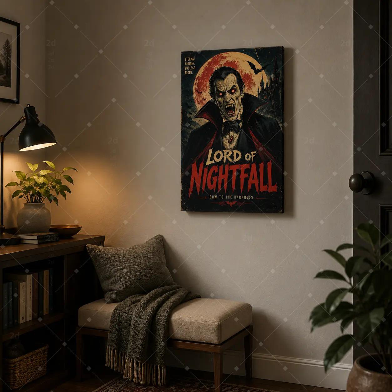 Gothic Vampire Lord Canvas Wall Art, Dark Castle Horror Poster Print for Living Room Bedroom Halloween Decor, Retro Monster Artwork, Available as Unframed Poster or Framed Canvas Wrap