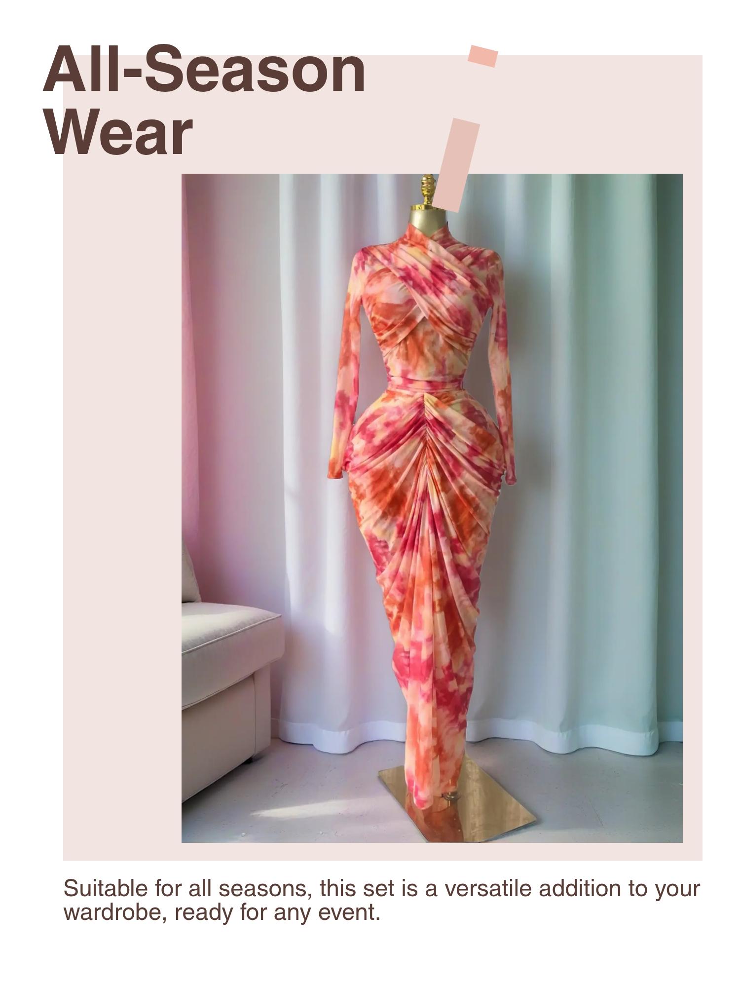 PULKRITU Elegant Women's Tie Dye Printed Two Piece Set Outfits, Wrap Long Sleeve Crop Top + Ruched Maxi Skirt , Casual Beach Resort Birthday, Vacation Street Lady Two-Piece Set,Female Fashion 2 Piece Co-ord Set