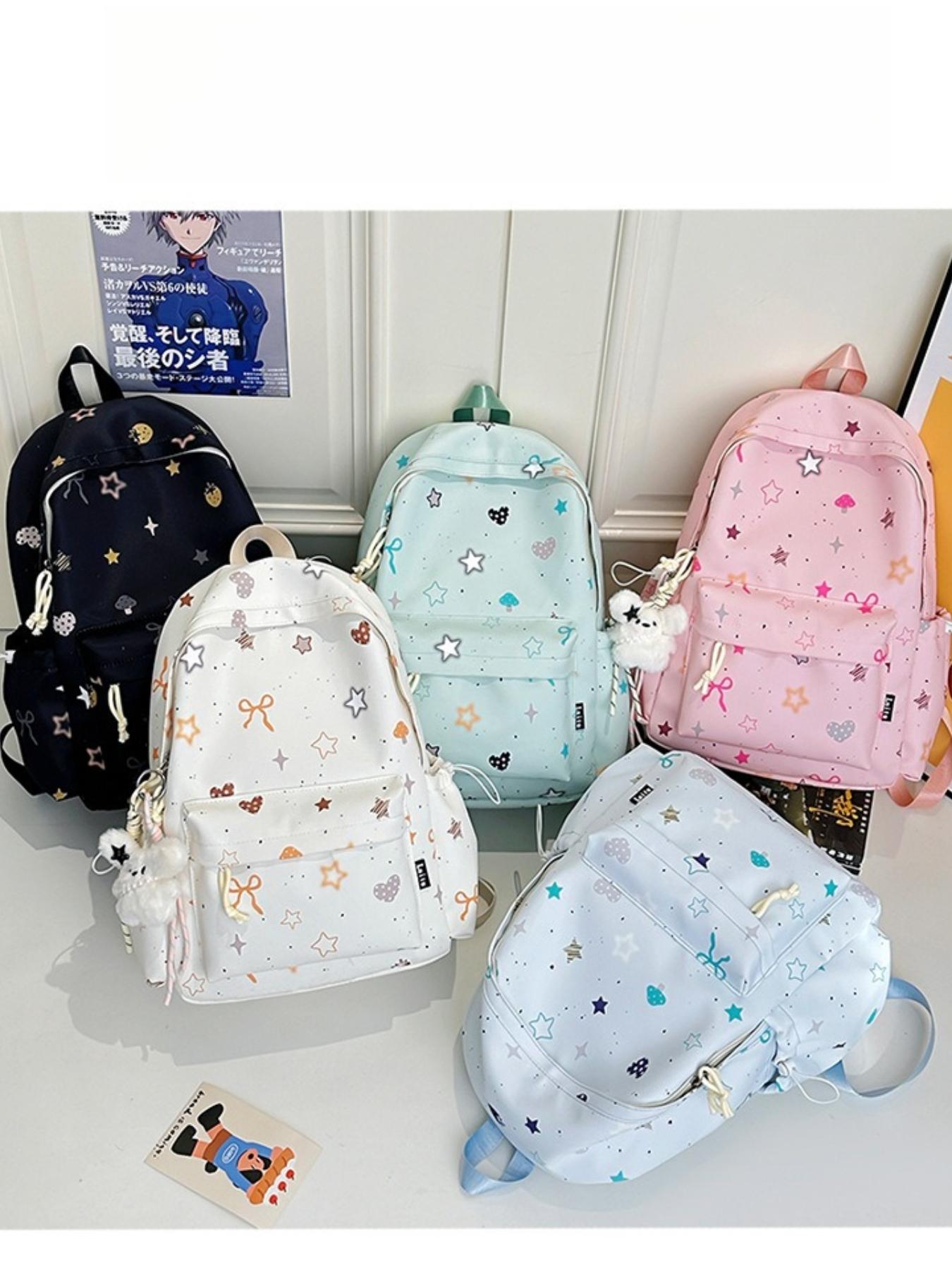 Cute Star Heart Print Backpack for Women, Fresh Casual Large Capacity Student Bag, Lightweight Nylon Travel Backpack