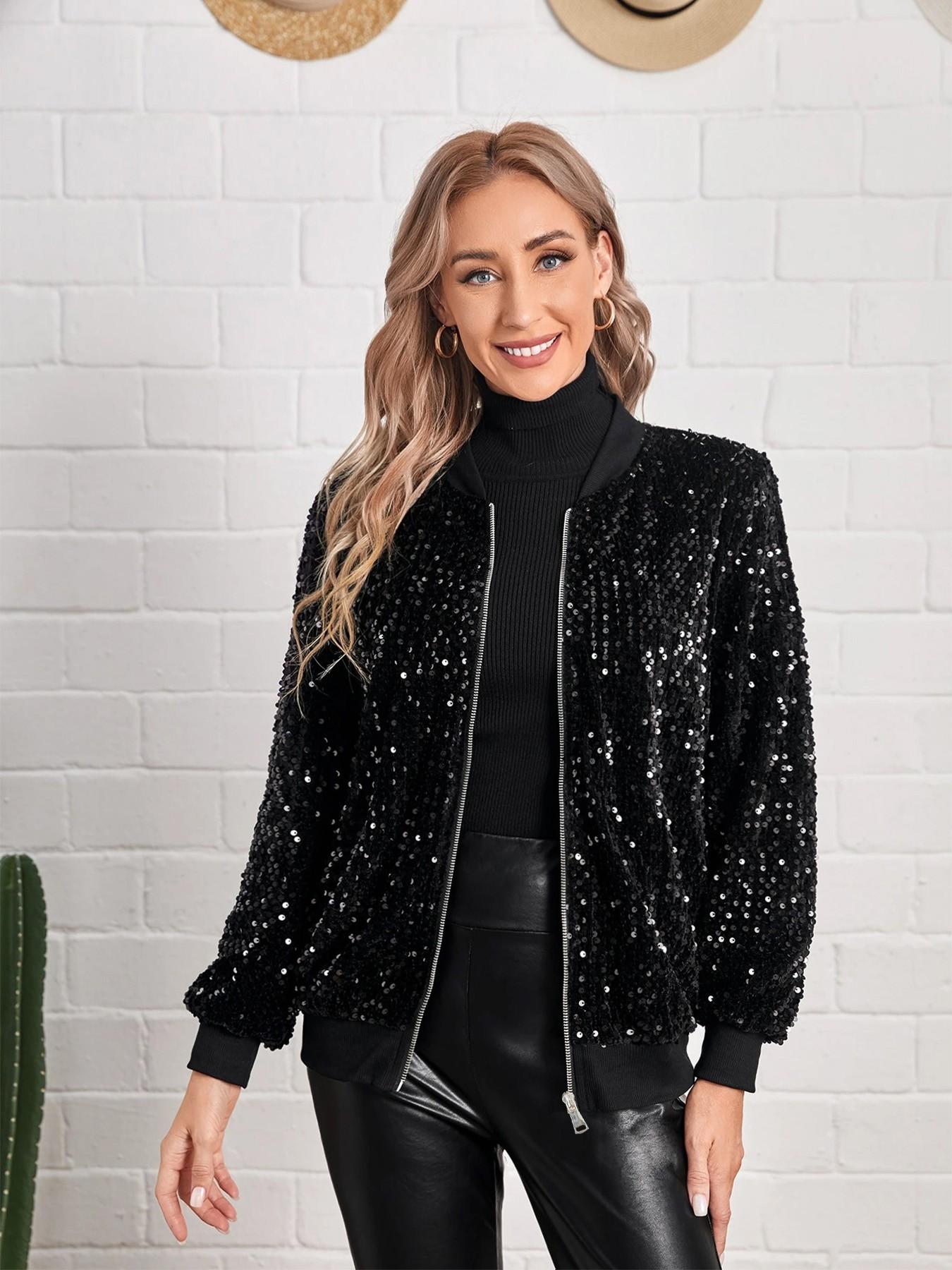 Sparkling Zipper Baseball Jacket Coat, Cool and Trendy Atmosphere, Eye-Catching and Luxurious, Perfect for Cool Party, Light Social Events, Daily