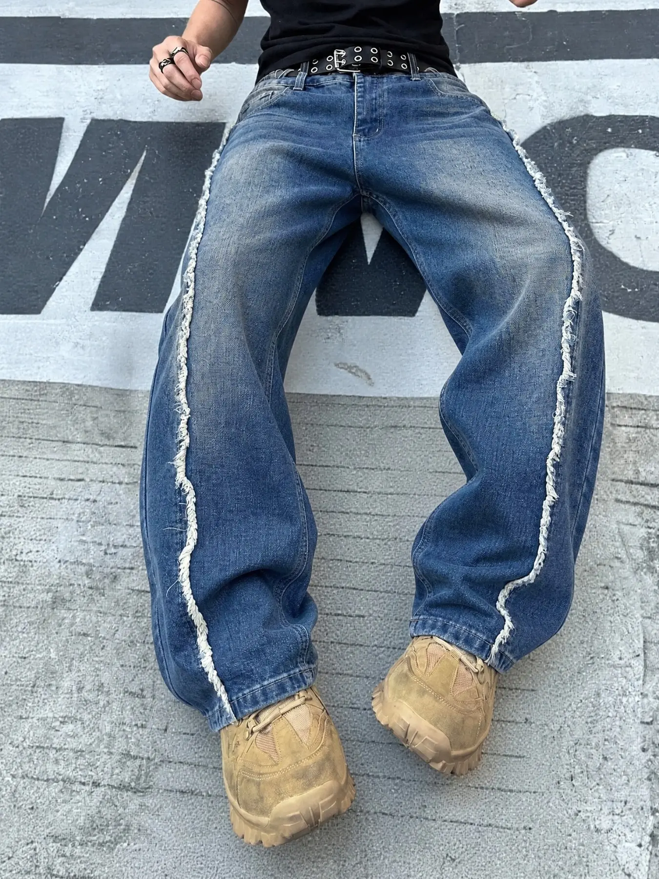Men's Vintage Washed Side Arc Edge Split Denim Jeans, Loose-Fit Straight Leg Cleanfit, Casual High Street Style, Unlined Plain Pattern