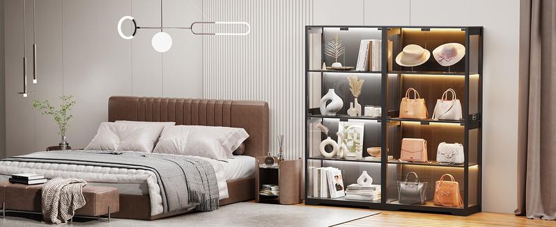 Brottar Display Cabinet with Glass Doors, Storage Cabinet with 3 Color Light, 4-Tier Curio Cabinet&Bookcase for Collectibles, Toys, Books, for Playroom, Bedroom, Study Room, Black