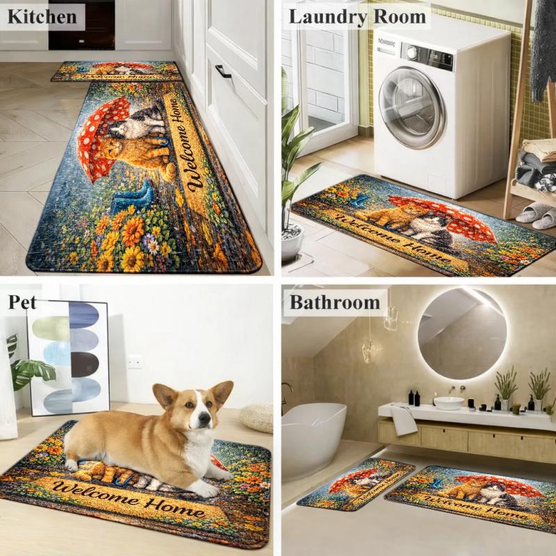 Cute Cats Umbrella Welcome Home Doormat Flannel Mat With Non Slip Rubber Bottom Durable Stain Resistant Machine Washable Multipurpose Rug Perfect For Indoor Outdoor Entry Kitchen Bedroom Bathroom Balcony Corridor Porch Home Decor Non-Slip Stair Treads