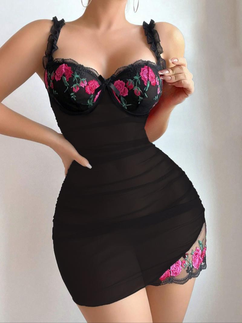 Women's 2-Piece Candy Color Rose Embroidered Sleepwear Set, Soft Comfortable High Stretch Home Strapless Nightgown, Elegant All-Season Pajamas