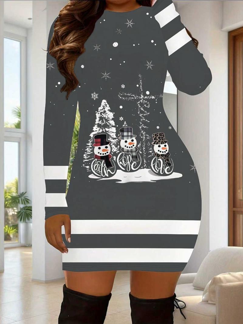 Women's Casual Christmas Print Striped Fitted Dress, Small Snowman Cartoon Print, Long Sleeve, Short Length, Fall Winter Holiday Wear