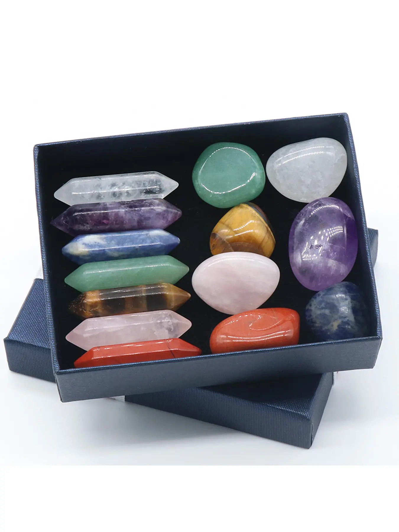 Natural Crystal Set 7 Count Double Point Hexagonal Wand Tumbled Stone Gift Box, Crystal Healing Stone Home Decor Festival Gift, Natural Crystal Decoration